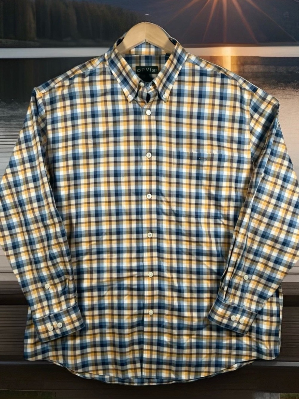 Orvis Men’s XL Plaid Button Down Shirt Blue Yellow Cotton Long Sleeve Outdoor